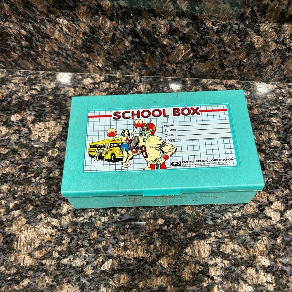 Vintage EMPIRE Blue Plastic Pencil Box Football Player Cheerleader Bus Made USA